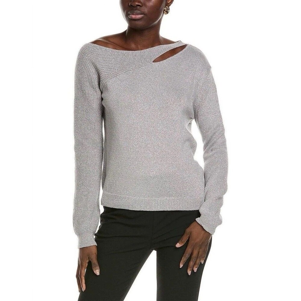 NWT Vince Camuto Sweater M Silver Metallic Asymmetrical Cut Out Shimmer Party